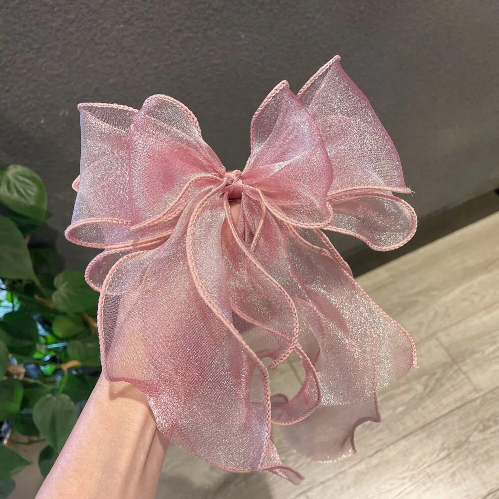 Pink Shiny Chiffon Hair Bow Clips Imported from Korea